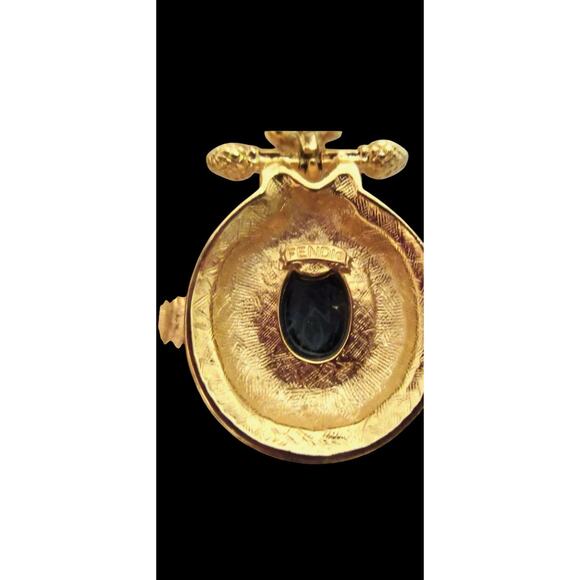 Fendi Blue Gripoix Cabochon Clip Earrings Large Double Dangle Logo 18kt GP - Picture 3 of 12